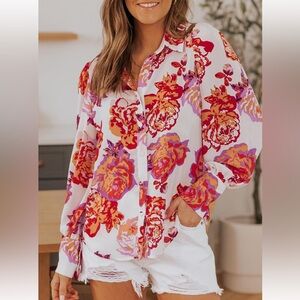 Women's Fashion Top Button Down V Neck Print Long Sleeve Work Blouses Dressy